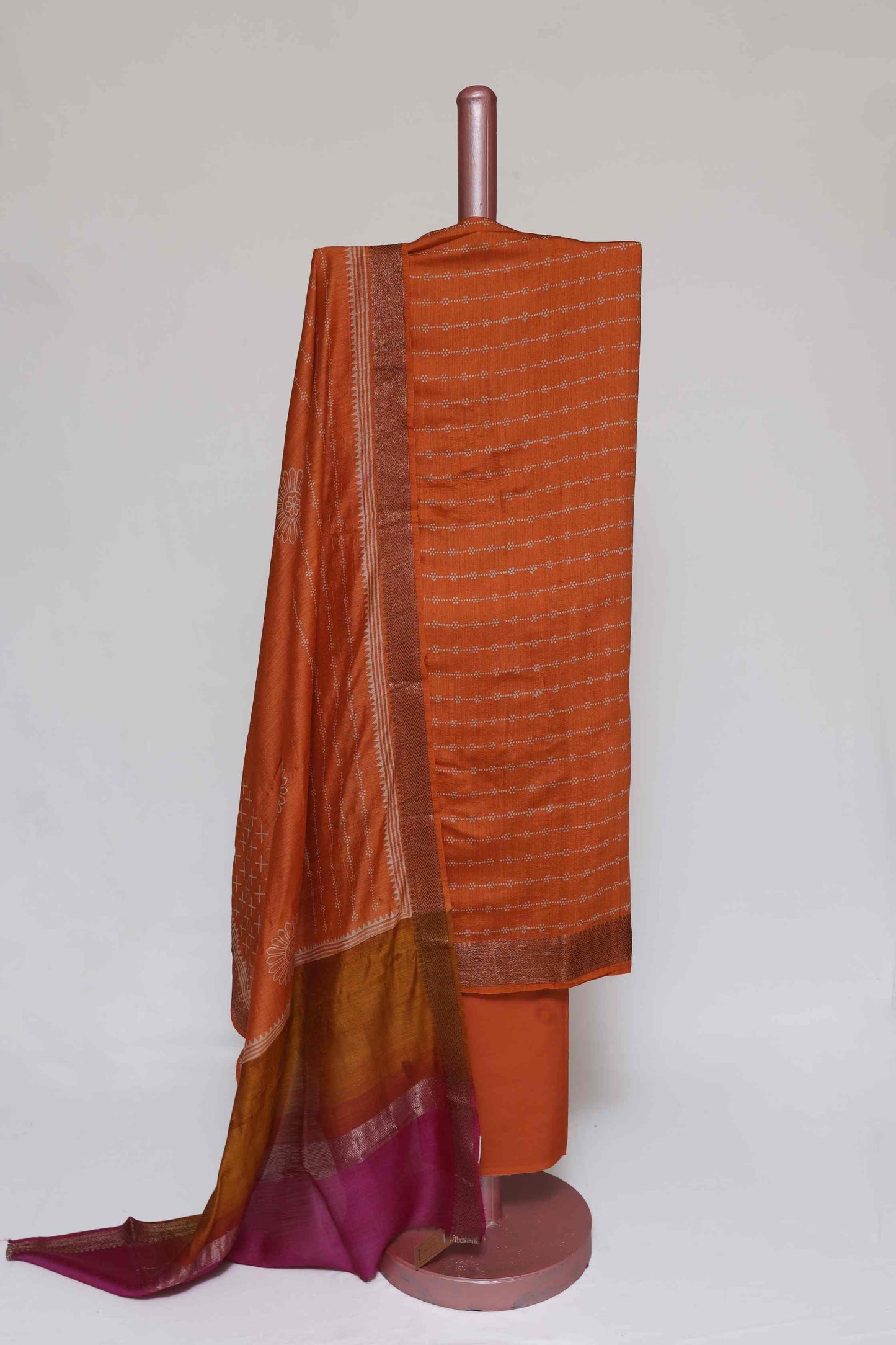 TANGERINE PRINTED TUSSAR SILK ZARI BORDER UNSTITCHED SUIT SET