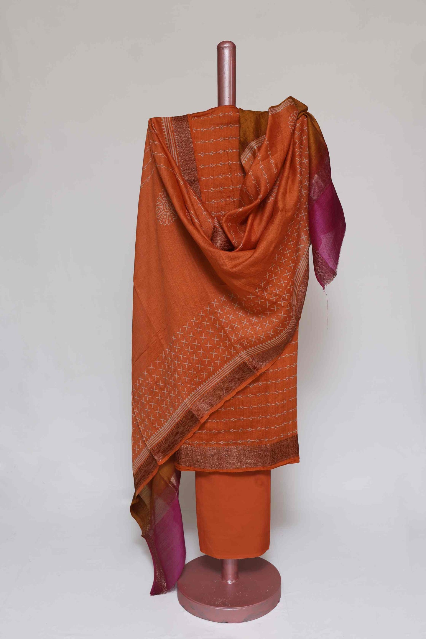 TANGERINE PRINTED TUSSAR SILK ZARI BORDER UNSTITCHED SUIT SET