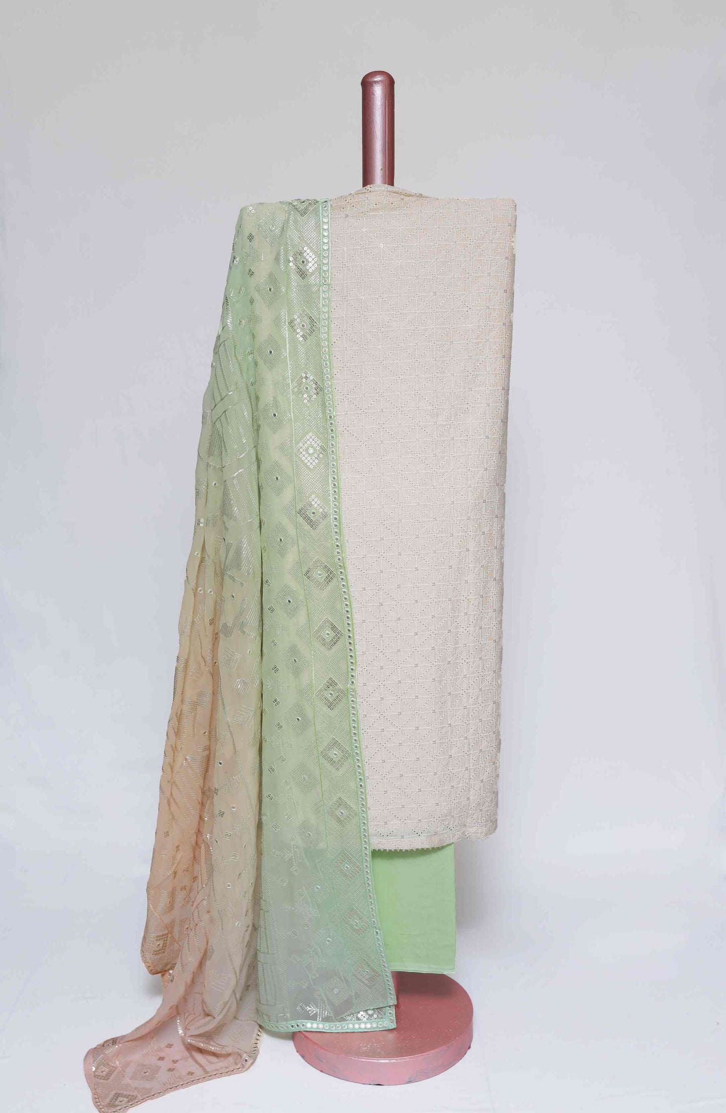 PASTEL GREEN & OFF WHITE EGYPTIAN COTTON SCHIFELI UNSTITCHED SUIT SET
