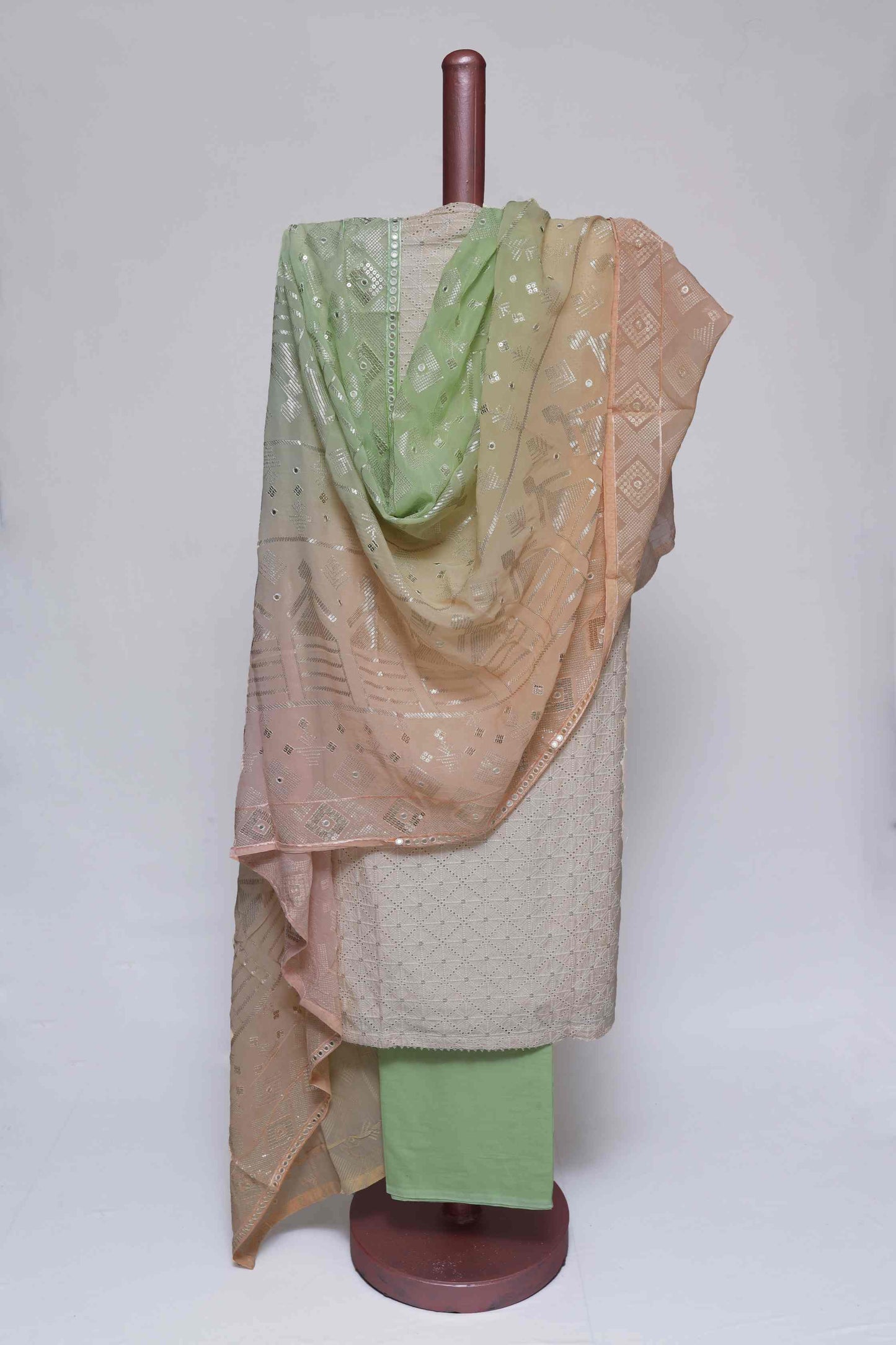 PASTEL GREEN & OFF WHITE EGYPTIAN COTTON SCHIFELI UNSTITCHED SUIT SET