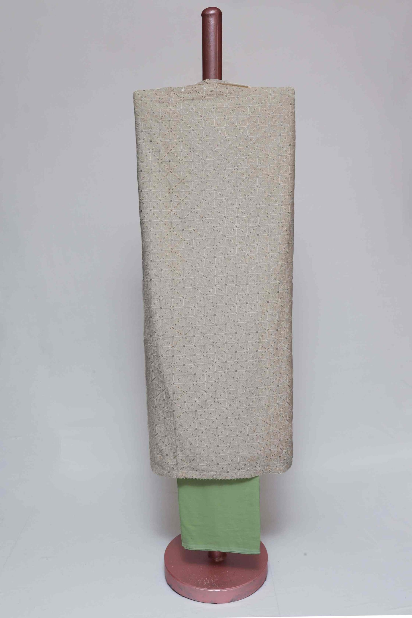 PASTEL GREEN & OFF WHITE EGYPTIAN COTTON SCHIFELI UNSTITCHED SUIT SET