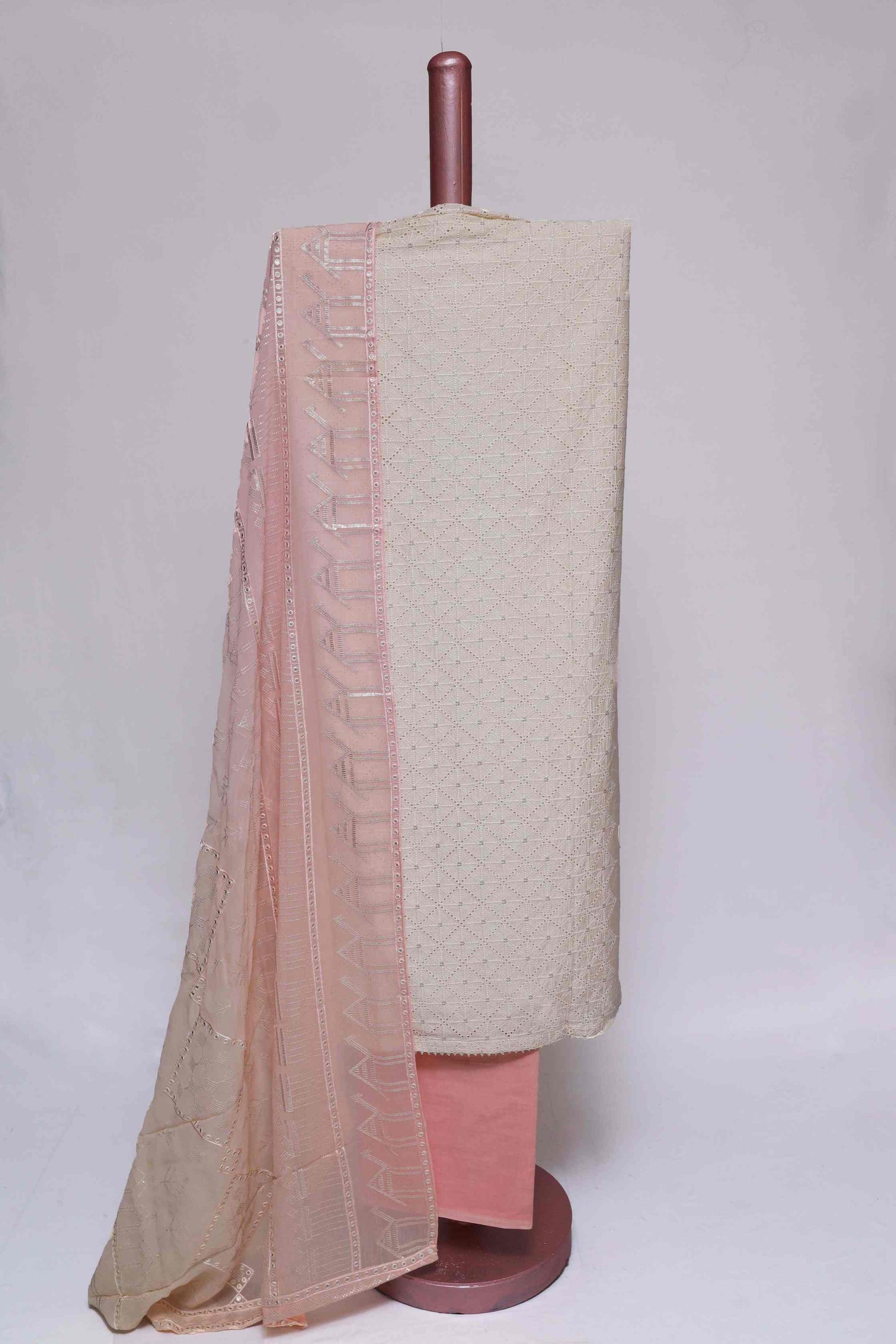 PEACH & OFF WHITE EGYPTIAN COTTON SCHIFELI UNSTITCHED SUIT SET