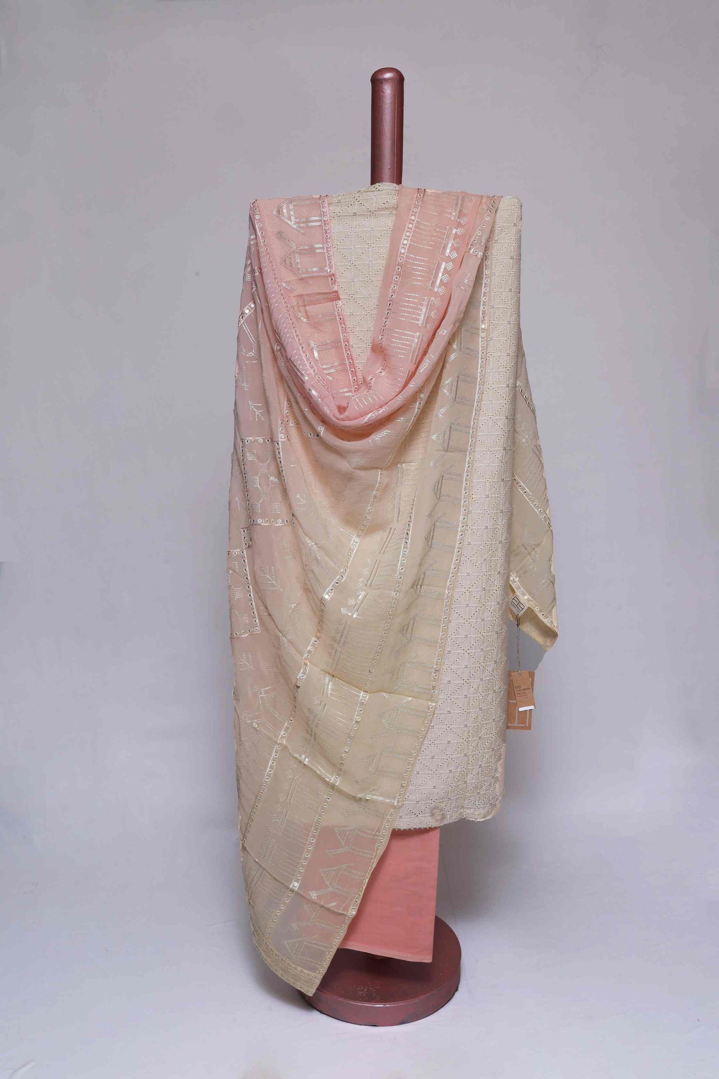 PEACH & OFF WHITE EGYPTIAN COTTON SCHIFELI UNSTITCHED SUIT SET