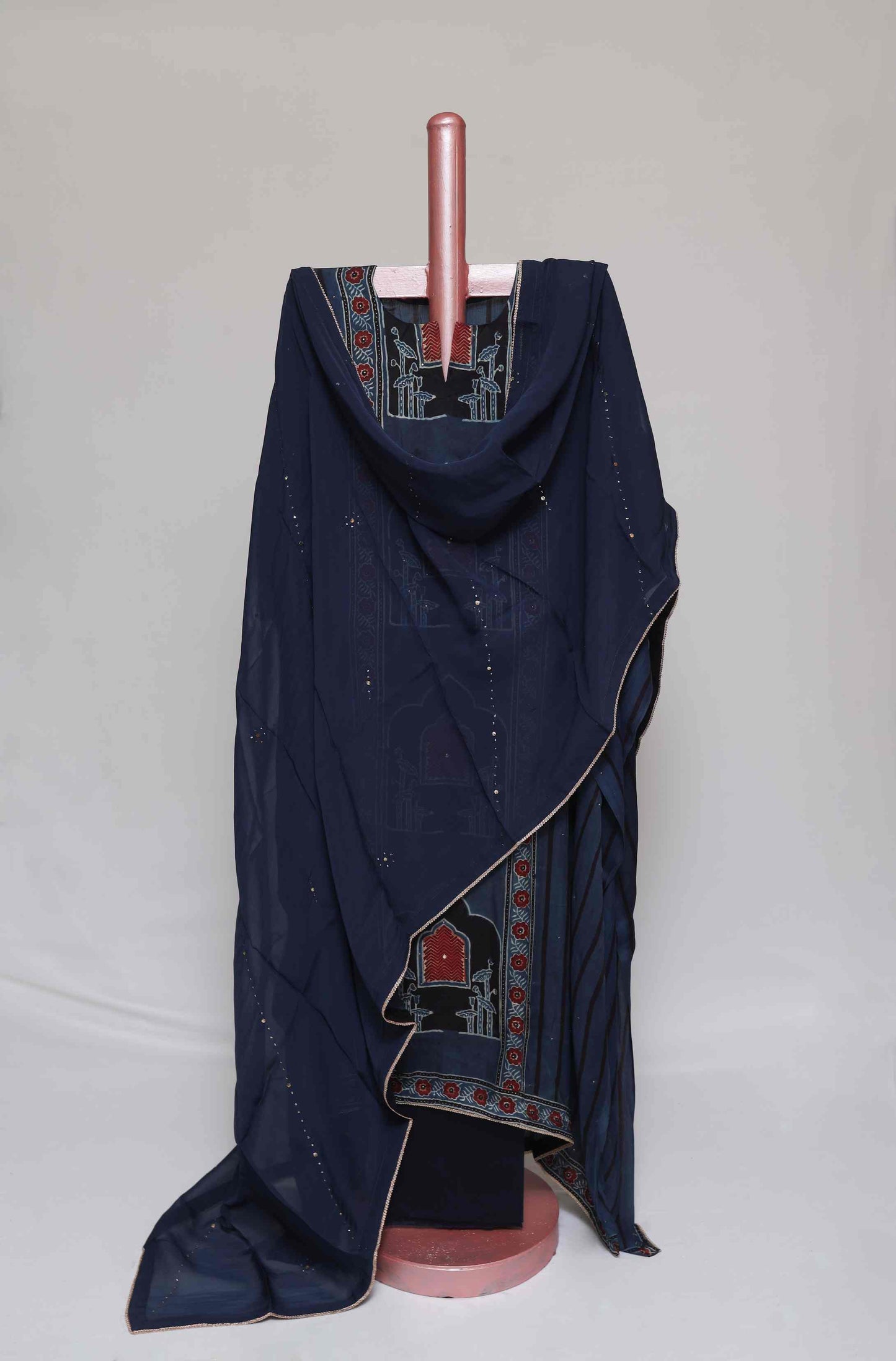NAVY BLUE PRINTED MODAL SILK  SEMI STITCHED SUIT SET