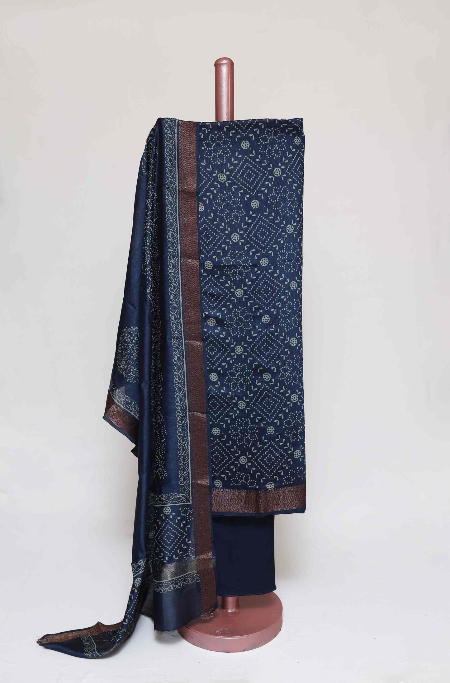 TEAL BLUE PRINTED TUSSAR SILK ZARI BORDER UNSTITCHED SUIT SET
