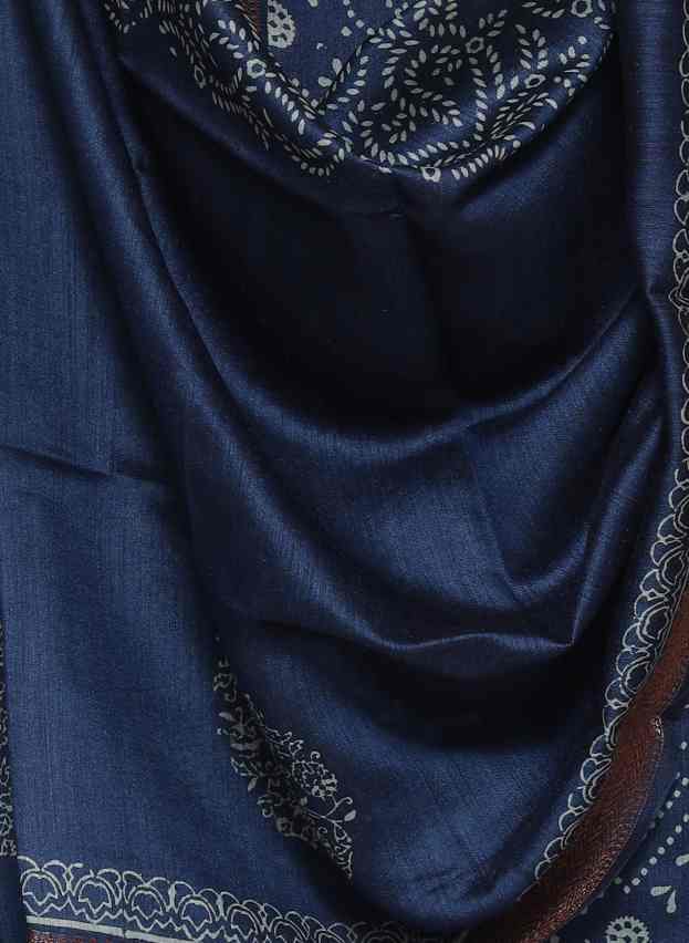 TEAL BLUE PRINTED TUSSAR SILK ZARI BORDER UNSTITCHED SUIT SET