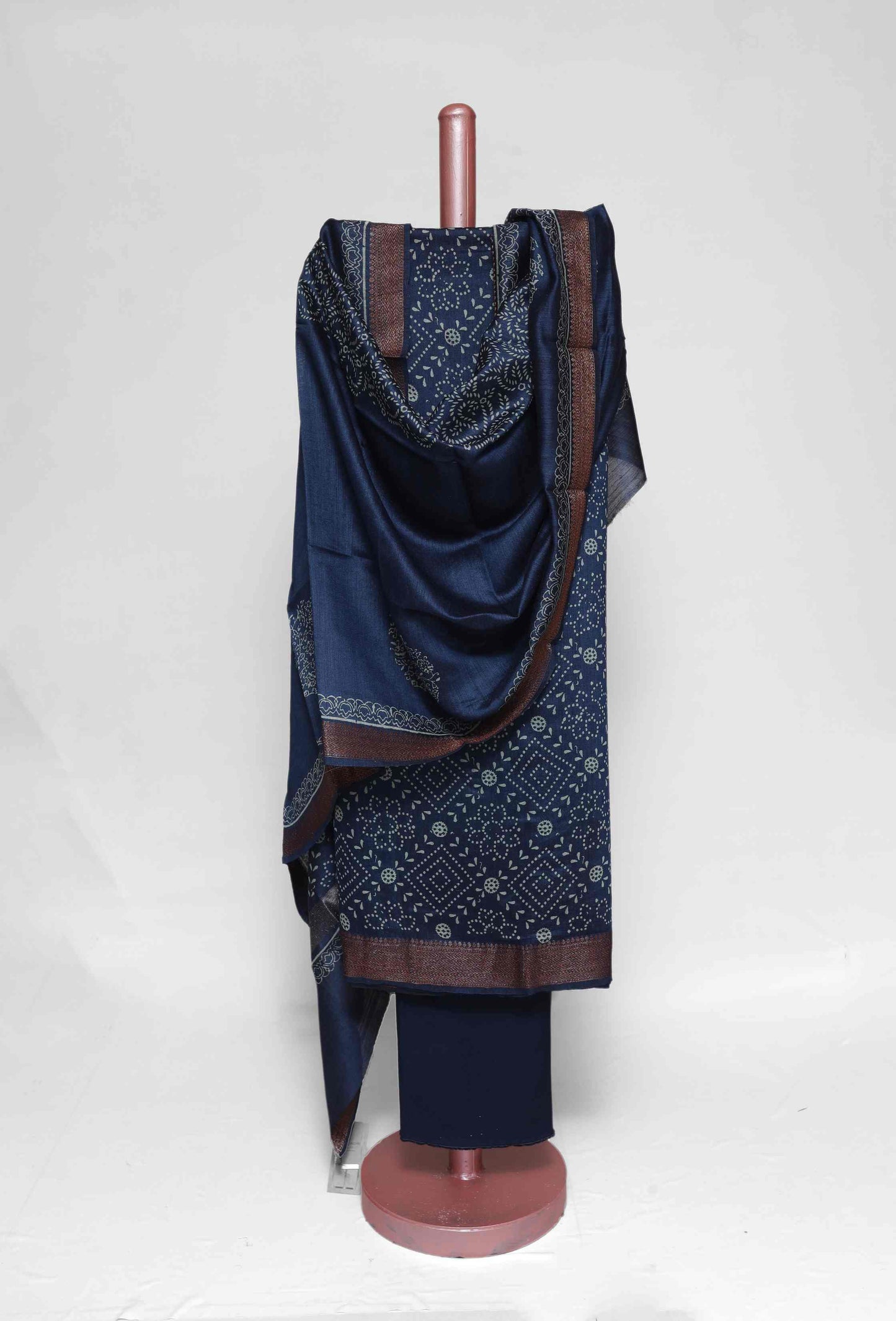 TEAL BLUE PRINTED TUSSAR SILK ZARI BORDER UNSTITCHED SUIT SET