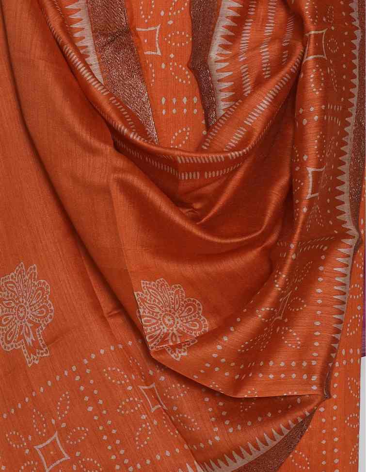 TANGERINE PRINTED TUSSAR SILK ZARI BORDER UNSTITCHED SUIT SET