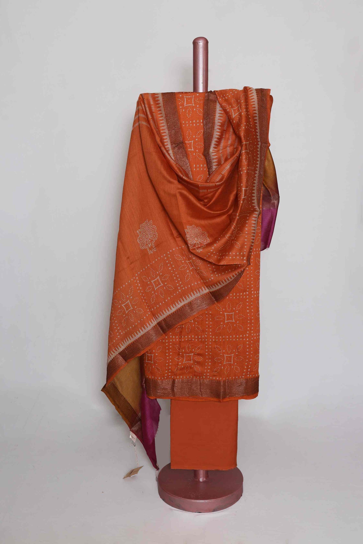 TANGERINE PRINTED TUSSAR SILK ZARI BORDER UNSTITCHED SUIT SET