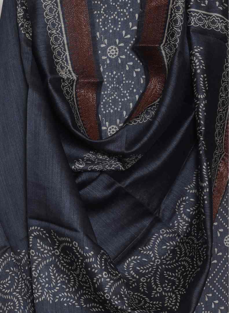 GREY PRINTED TUSSAR SILK ZARI BORDER UNSTITCHED SUIT SET