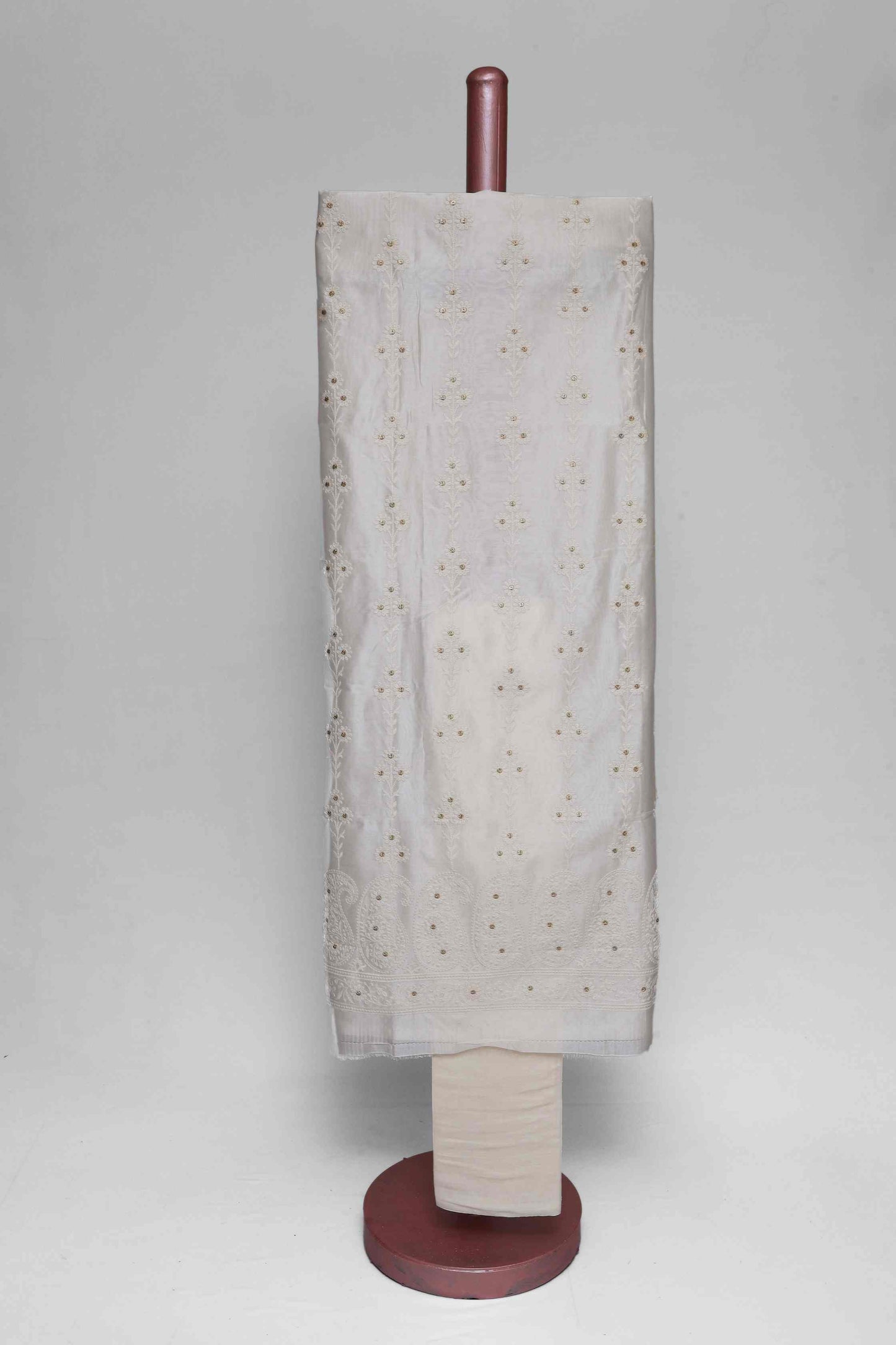WHITE CHANDERI EMBROIDERED UNSTITCHED SUIT SET