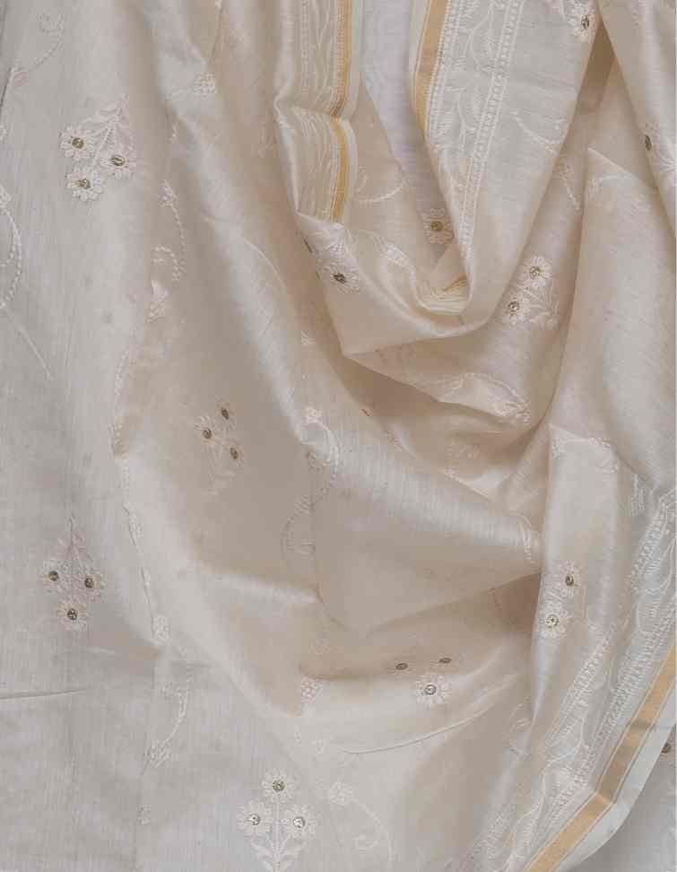 WHITE CHANDERI EMBROIDERED UNSTITCHED SUIT SET