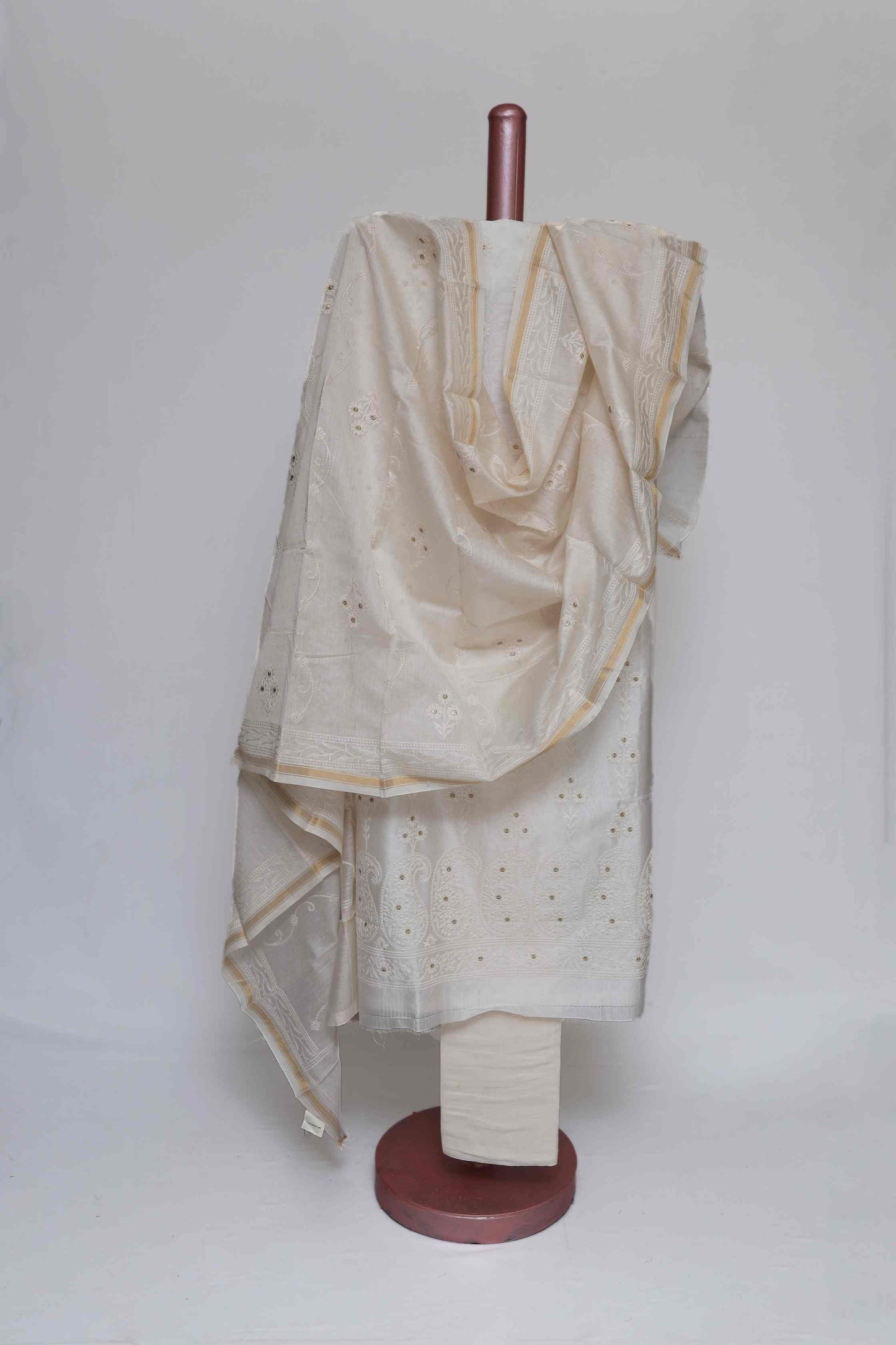 WHITE CHANDERI EMBROIDERED UNSTITCHED SUIT SET