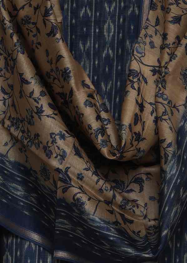 TEAL BLUE PRINTED TUSSAR SILK UNSTITCHED SUIT SET