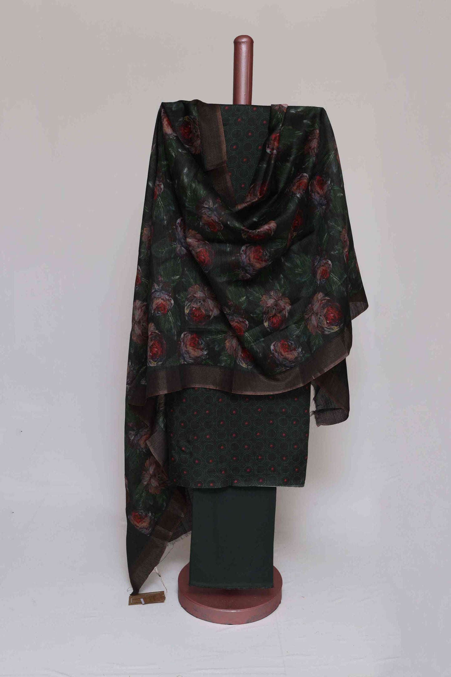 FOREST GREEN TUSSAR SILK  PRINTED UNSTITCHED SUIT SET