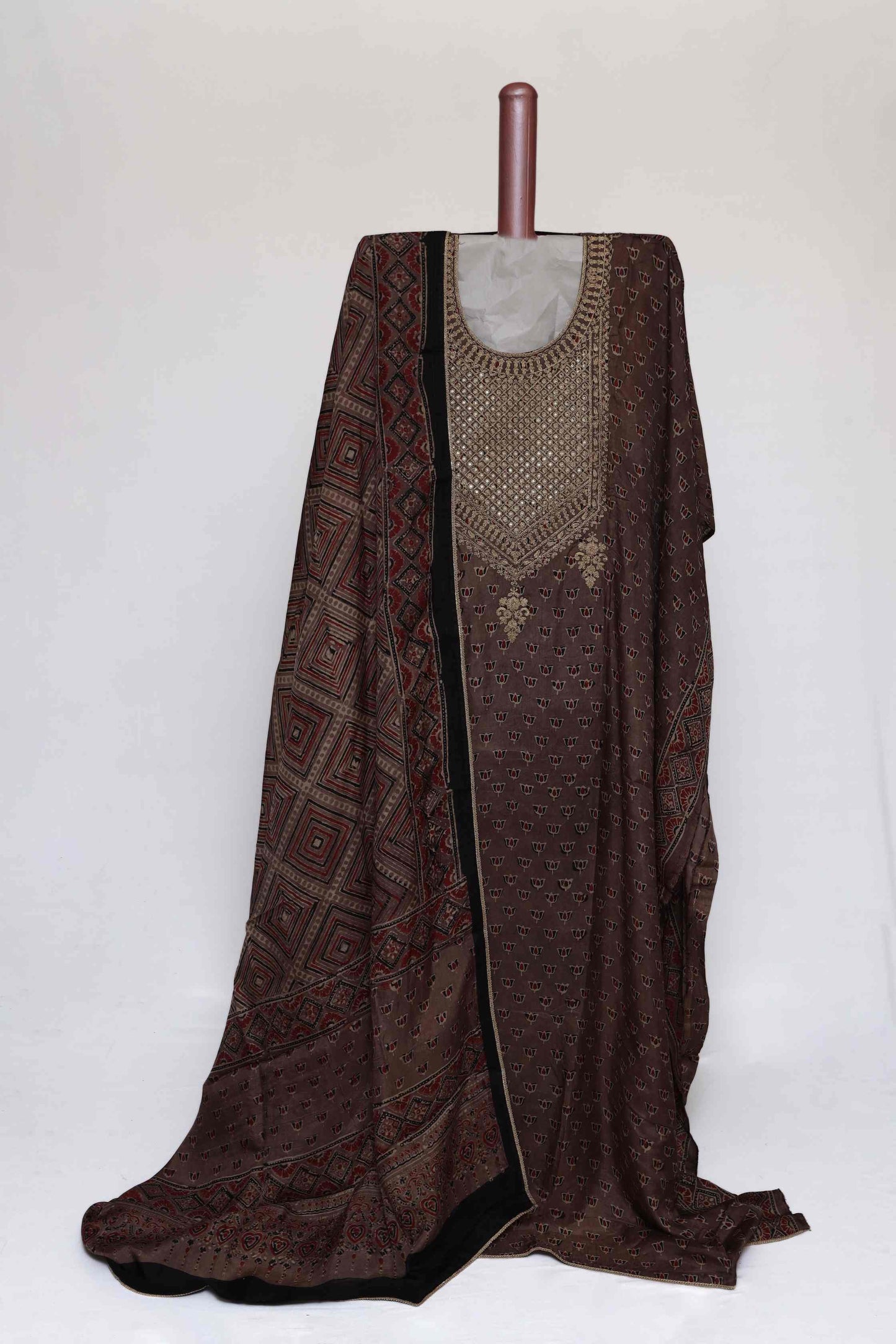 BROWN PRINTED MODAL  SEMI STITCHED SUIT SET