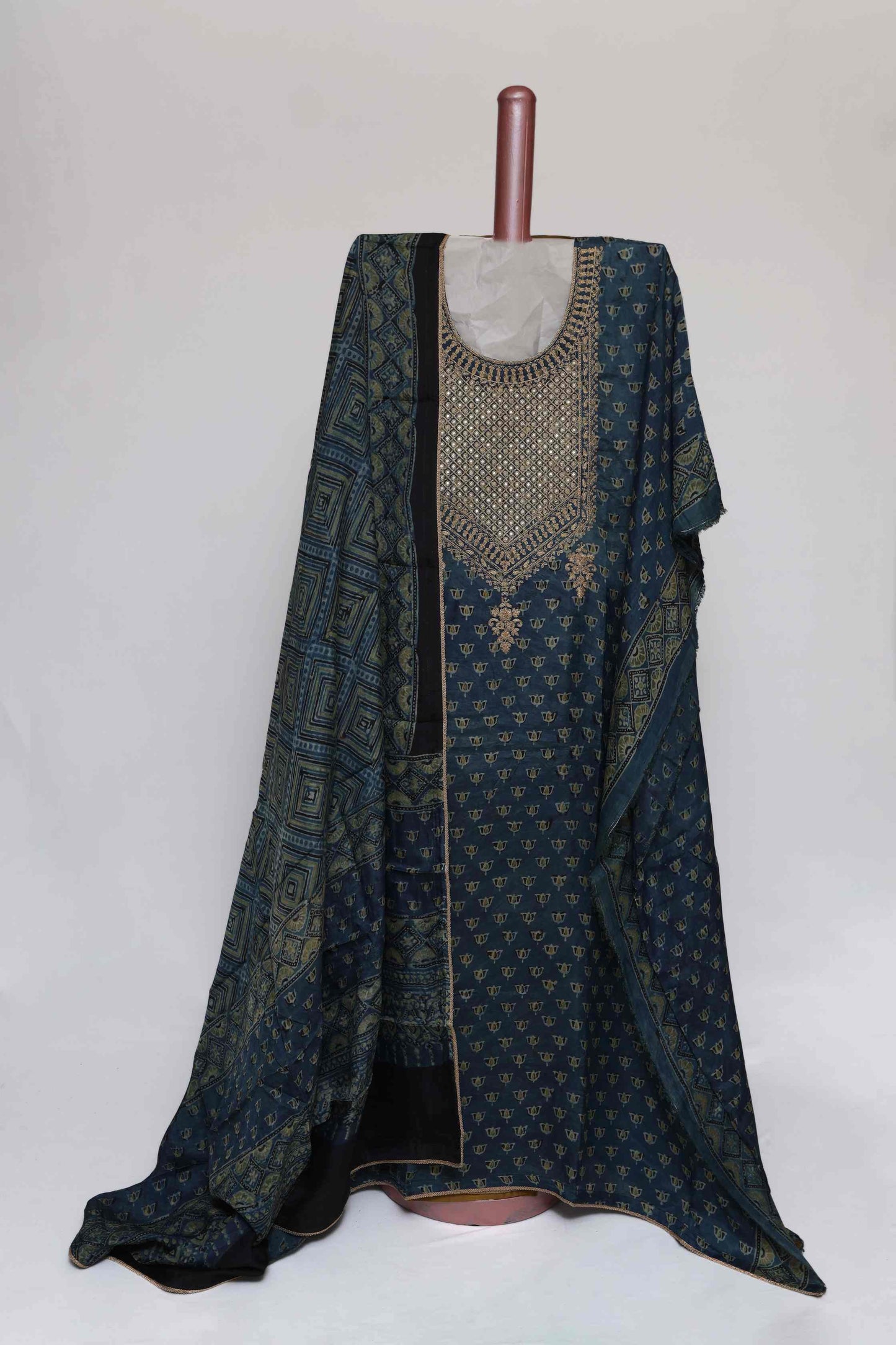 TEAL BLUE PRINTED MODAL  SEMI STITCHED SUIT SET