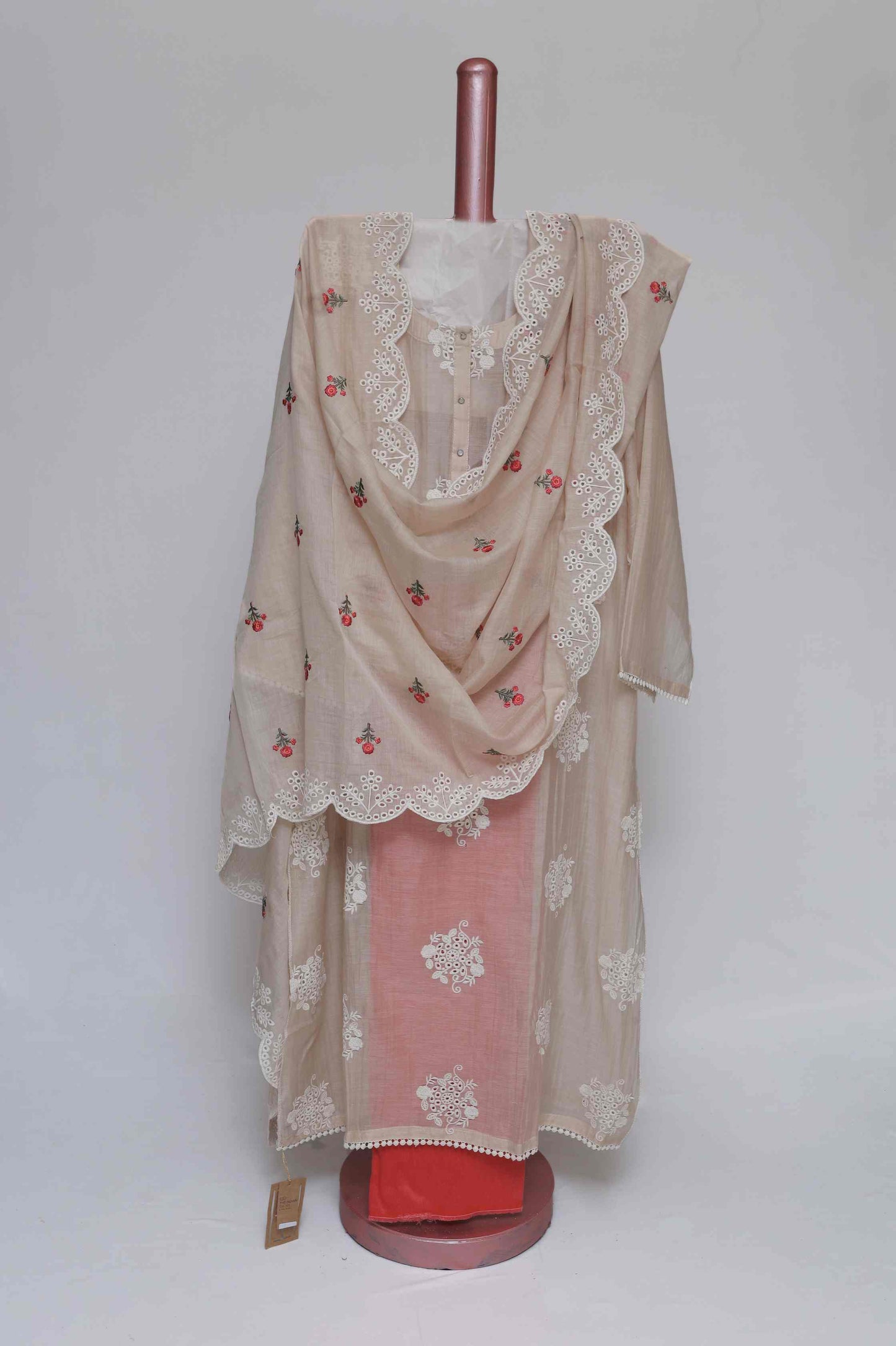 FAWN CHANDERI EMBROIDERED  SEMI STITCHED SUIT SET
