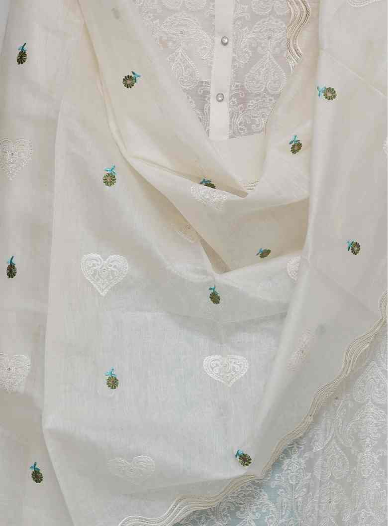 TURQUOISE CHANDERI  EMBROIDERED  SEMI STITCHED SUIT SET