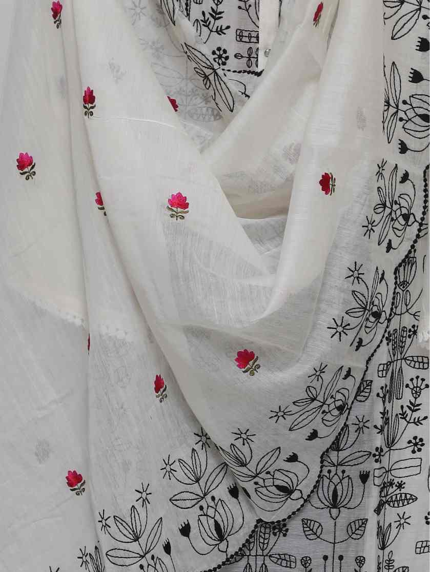 WHITE CHANDERI EMBROIDERED SEMI STITCHED SUIT SET
