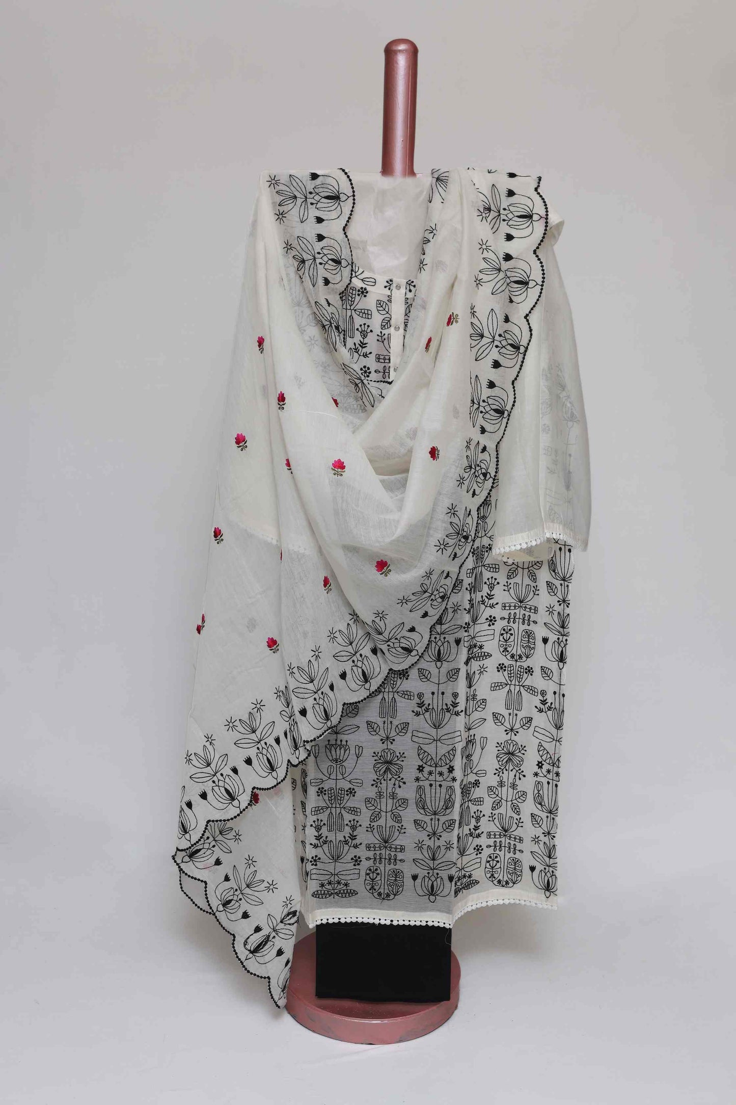 WHITE CHANDERI EMBROIDERED SEMI STITCHED SUIT SET