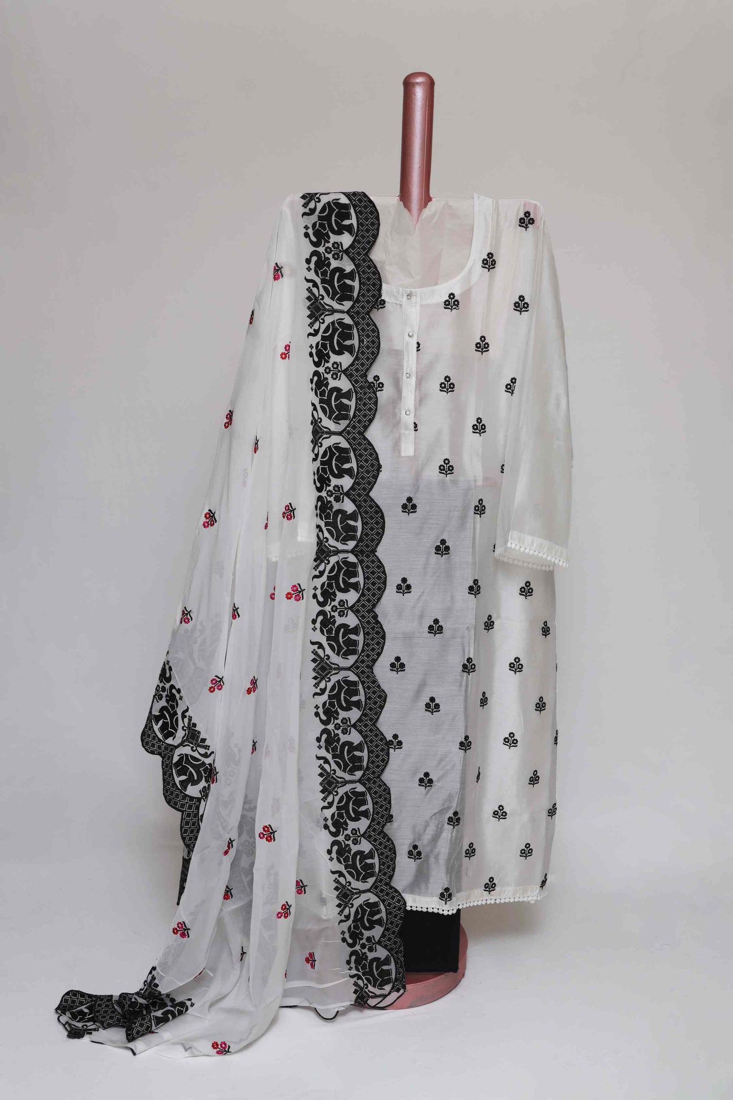 WHITE CHANDERI EMBROIDERED SEMI STITCHED SUIT SET