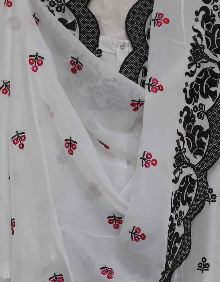 WHITE CHANDERI EMBROIDERED SEMI STITCHED SUIT SET