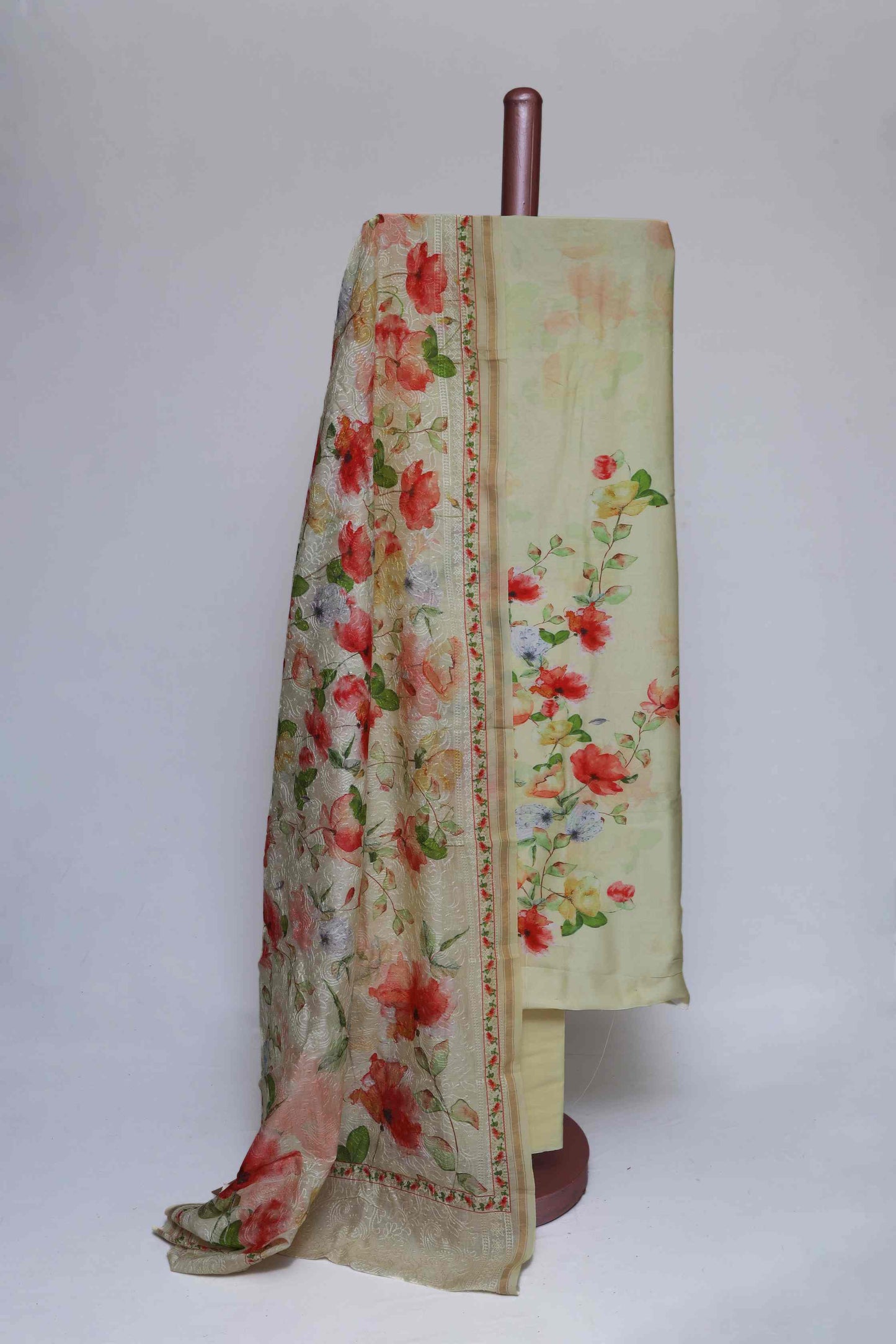 PASTEL YELLOW PRINTED CHANDERI & EMBROIDERED UNSTITCHED SUIT SET