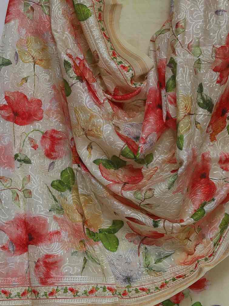 PASTEL YELLOW PRINTED CHANDERI & EMBROIDERED UNSTITCHED SUIT SET
