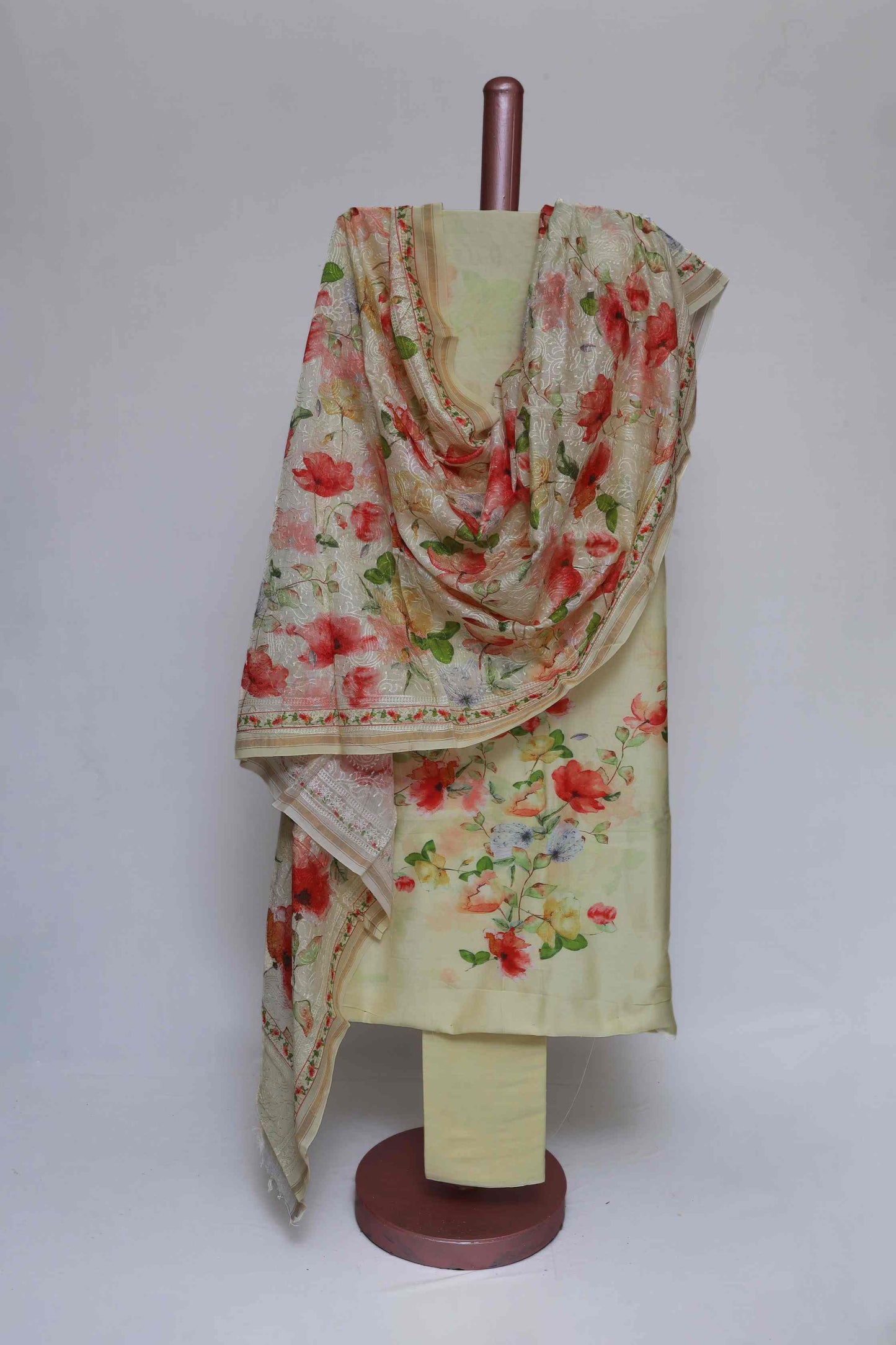 PASTEL YELLOW PRINTED CHANDERI & EMBROIDERED UNSTITCHED SUIT SET