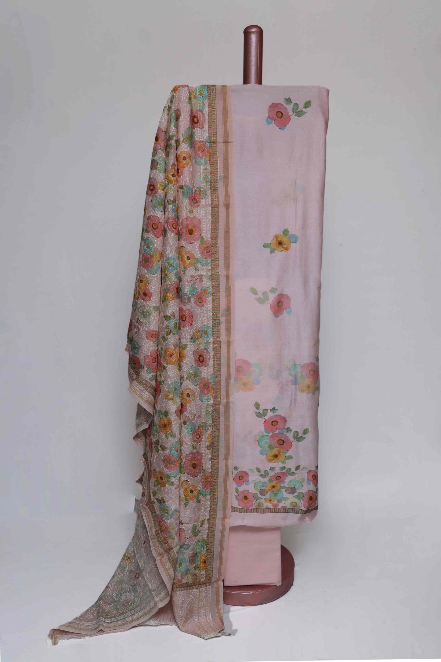 PASTEL PINK PRINTED CHANDERI & EMBROIDERED UNSTITCHED SUIT SET