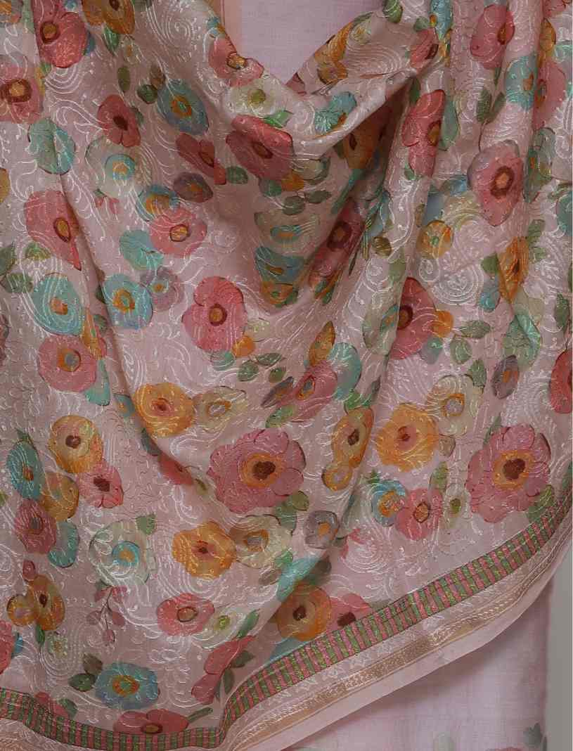 PASTEL PINK PRINTED CHANDERI & EMBROIDERED UNSTITCHED SUIT SET