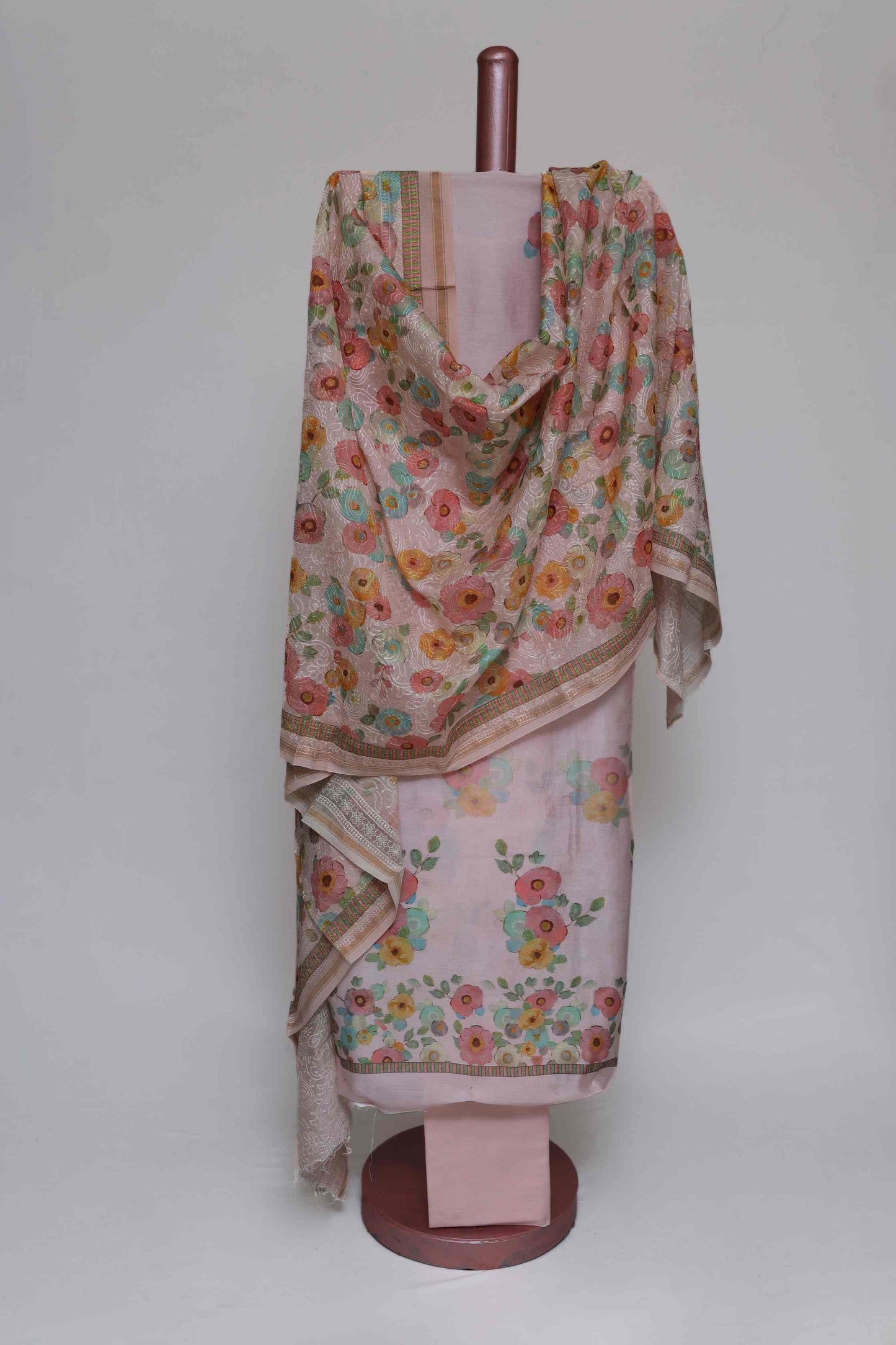 PASTEL PINK PRINTED CHANDERI & EMBROIDERED UNSTITCHED SUIT SET