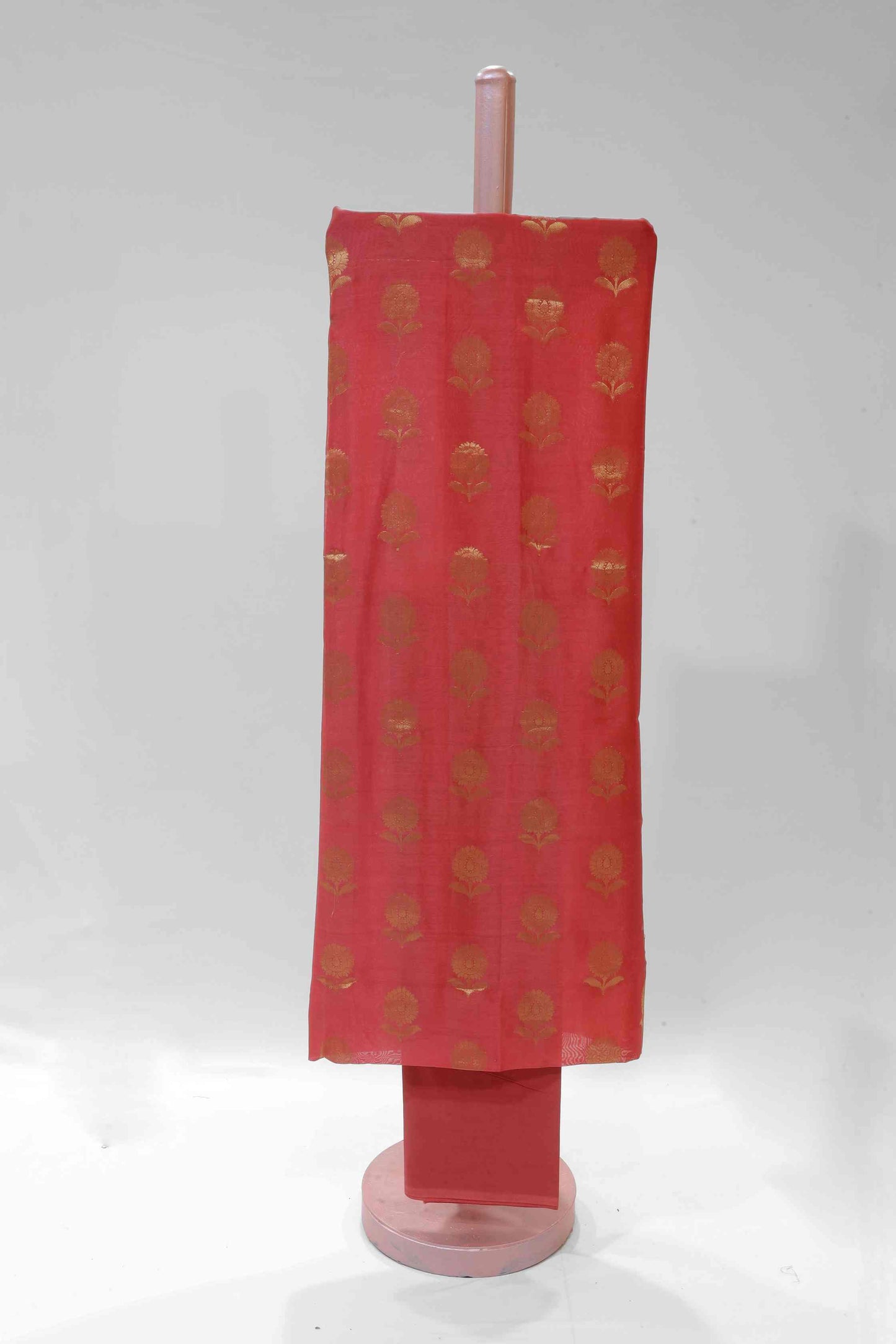 MAROON RED ZARI CHANDERI UNSTITCHED SUIT SET WITH CONTRAST PRINTED DUPATTA