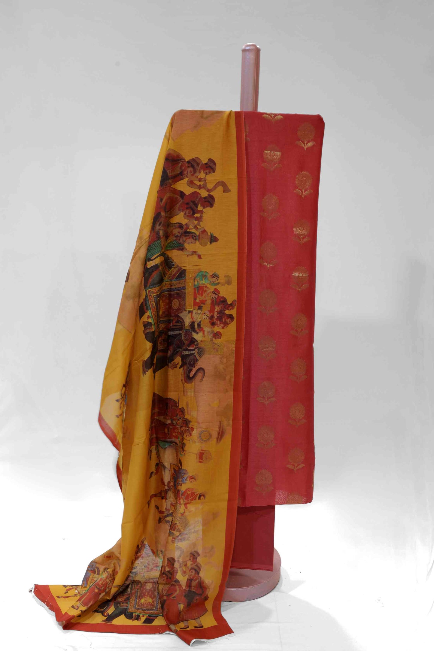 MAROON RED ZARI CHANDERI UNSTITCHED SUIT SET WITH CONTRAST PRINTED DUPATTA