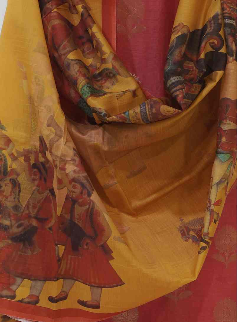 MAROON RED ZARI CHANDERI UNSTITCHED SUIT SET WITH CONTRAST PRINTED DUPATTA