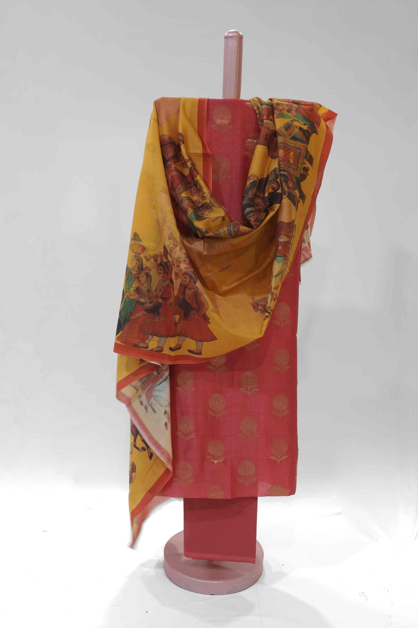 MAROON RED ZARI CHANDERI UNSTITCHED SUIT SET WITH CONTRAST PRINTED DUPATTA