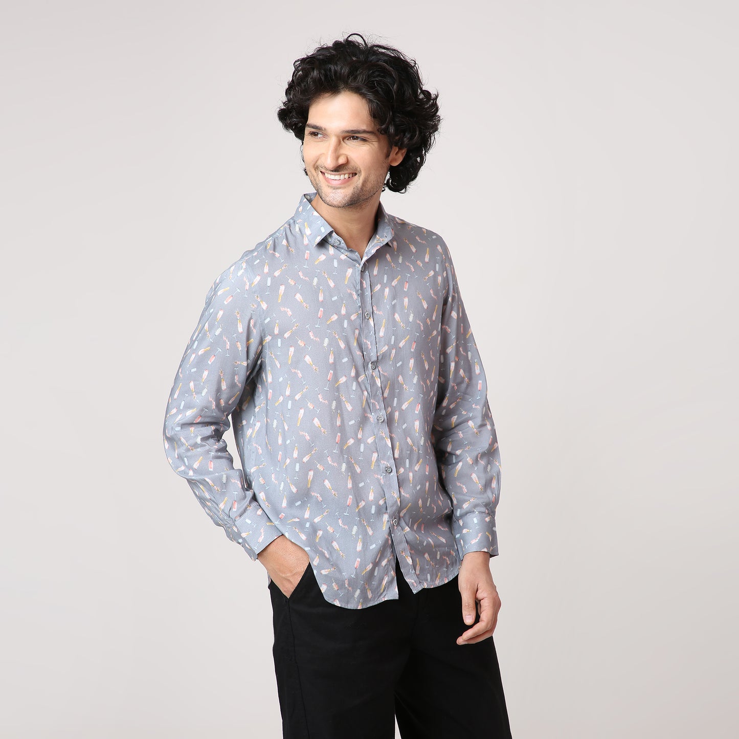 GREY BOTTLE PRINT FULL SLEEVE SHIRT