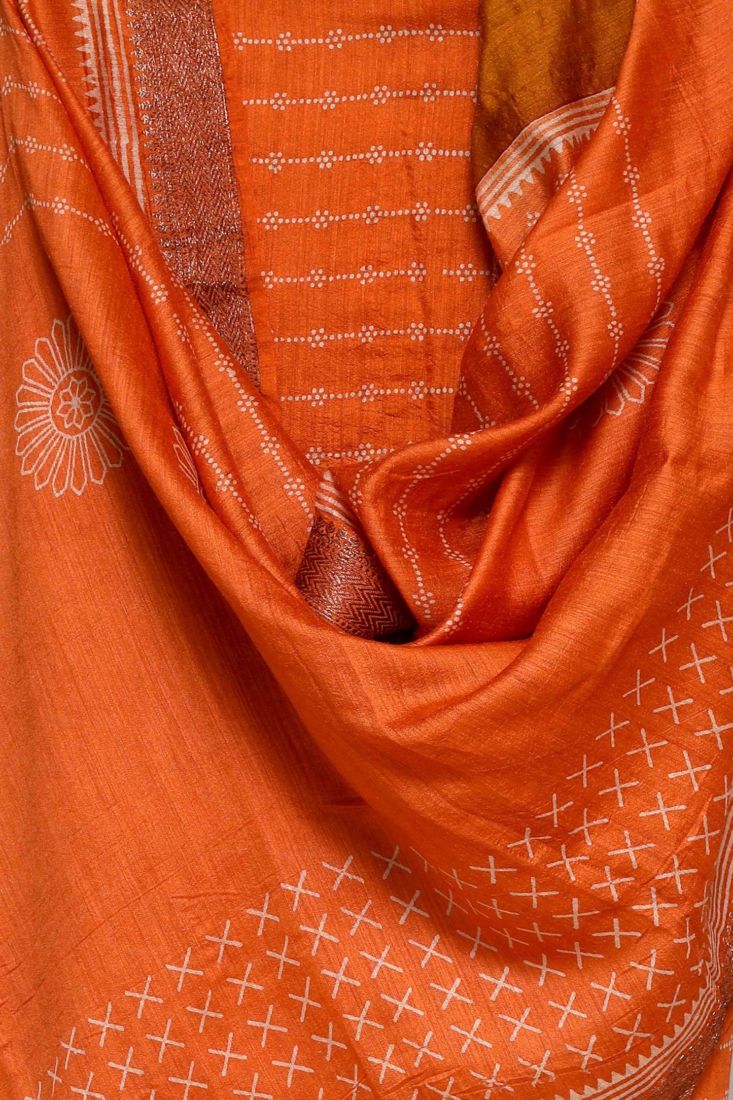TANGERINE PRINTED TUSSAR SILK ZARI BORDER UNSTITCHED SUIT SET