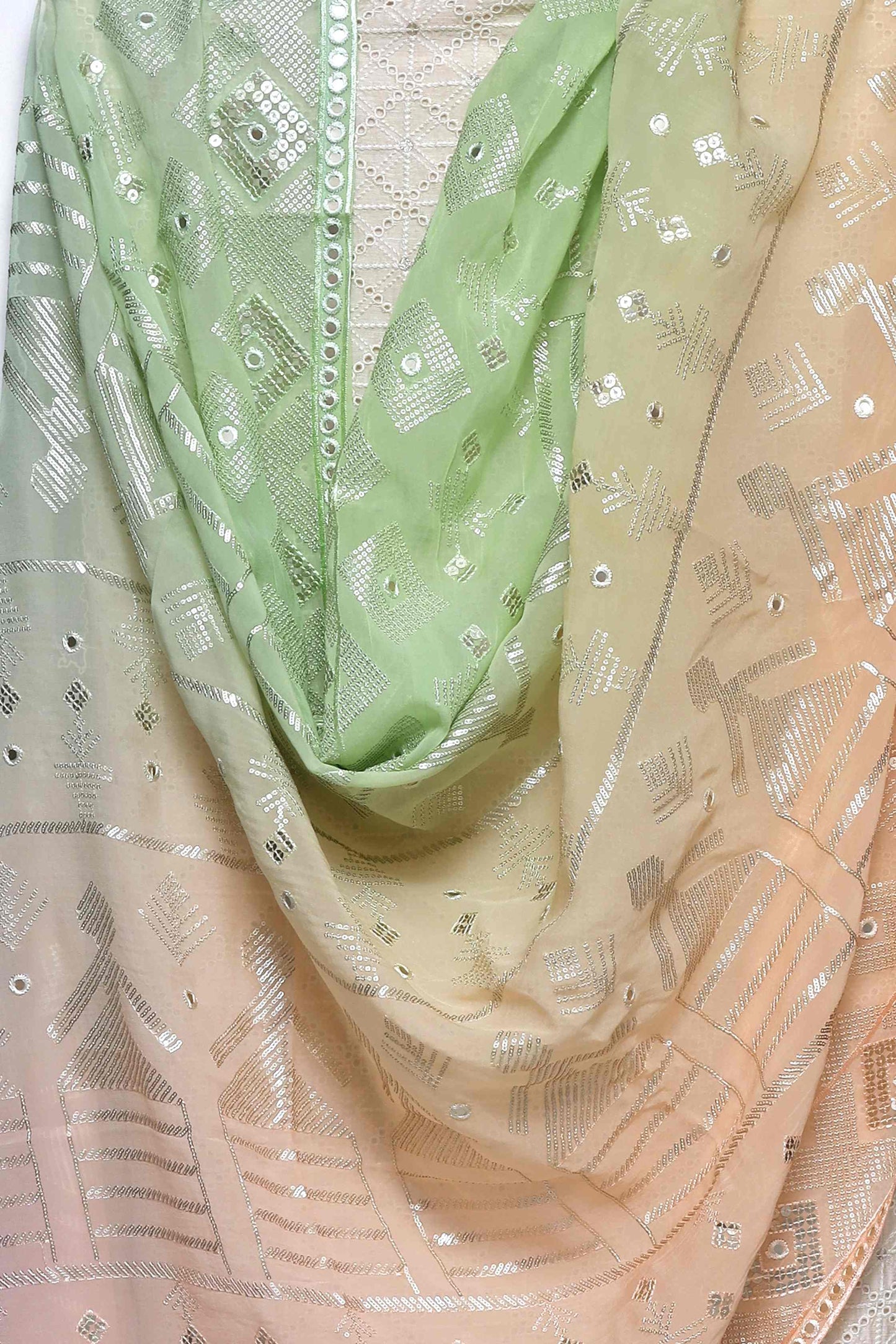 PASTEL GREEN & OFF WHITE EGYPTIAN COTTON SCHIFELI UNSTITCHED SUIT SET