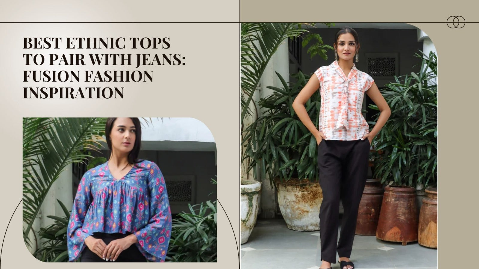 Woman wearing a vibrant Indian ethnic top paired with jeans for a fusion fashion loo