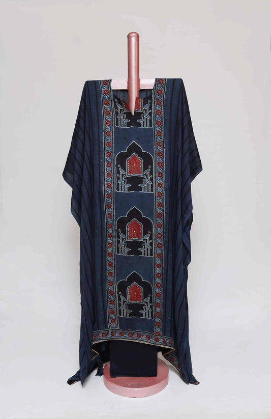 NAVY BLUE PRINTED MODAL SILK  SEMI STITCHED SUIT SET