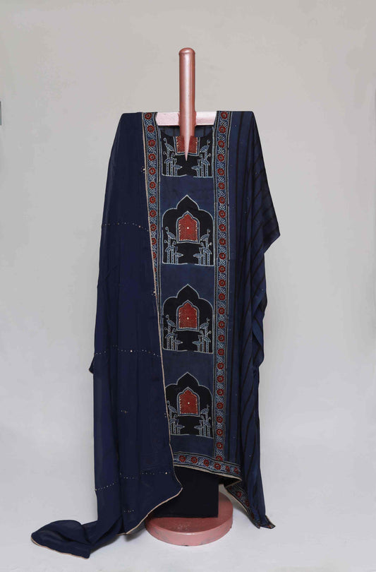 NAVY BLUE PRINTED MODAL SILK  SEMI STITCHED SUIT SET