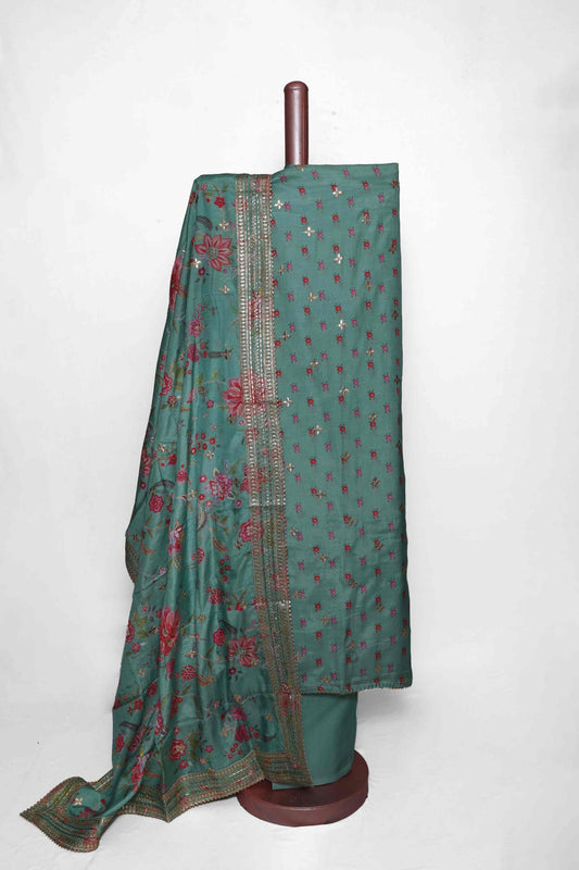 JADE GREEN PRINTED MODAL SILK  UNSTITCHED SUIT SET