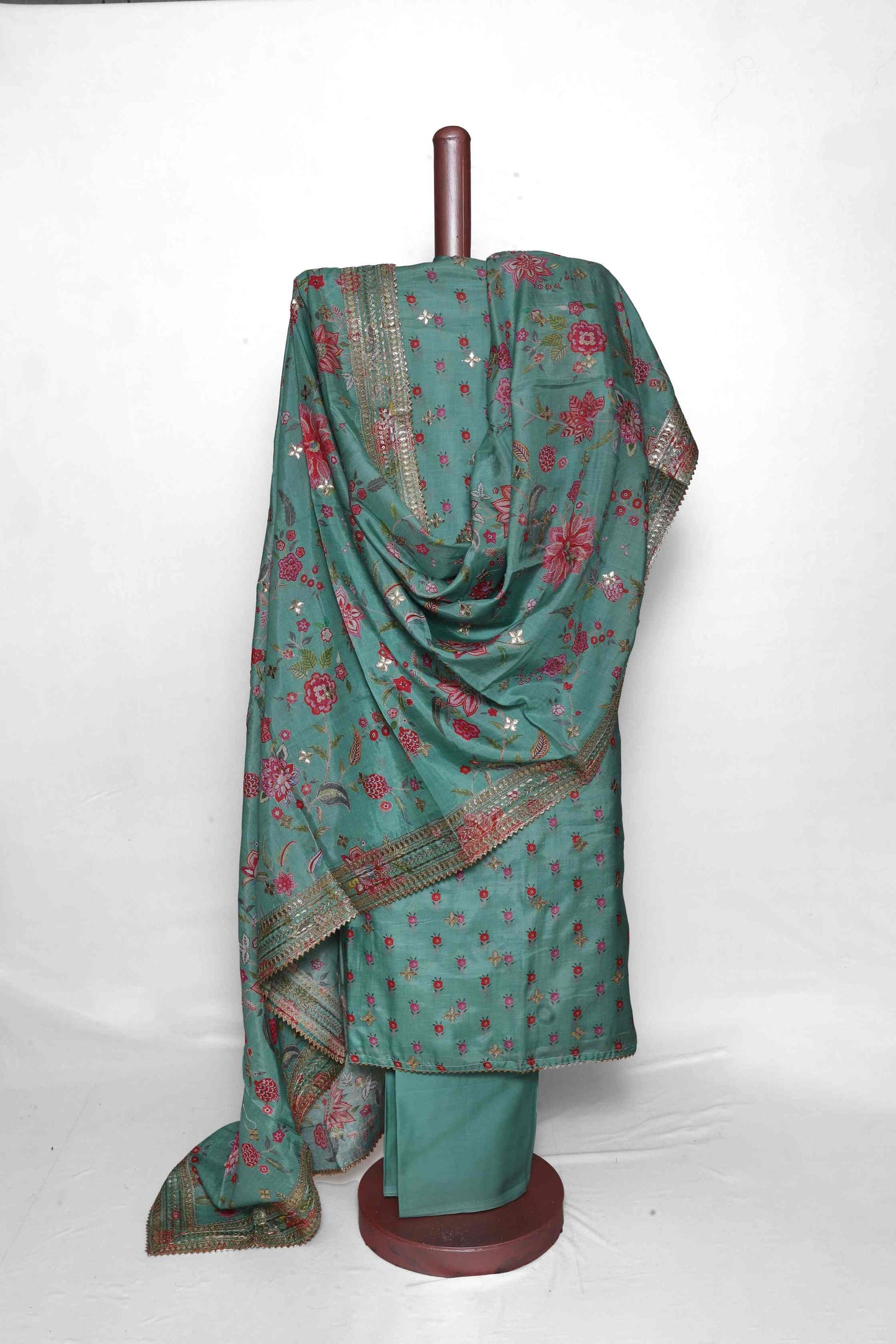 JADE GREEN PRINTED MODAL SILK  UNSTITCHED SUIT SET