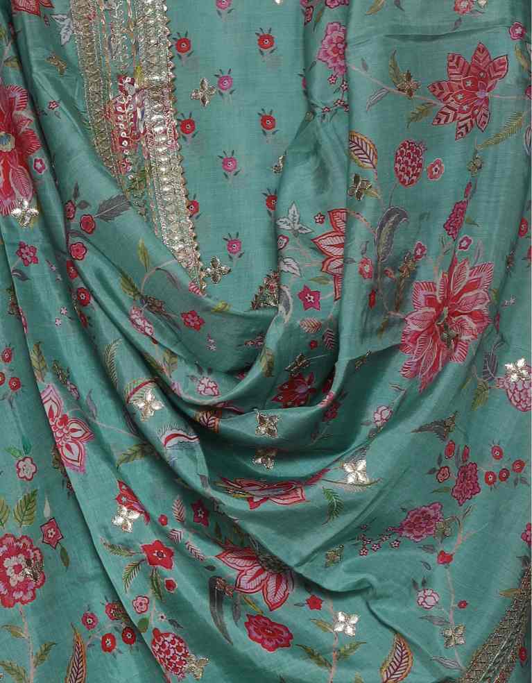 JADE GREEN PRINTED MODAL SILK  UNSTITCHED SUIT SET