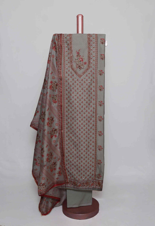 SLATE GREY COTTON SILK  PRINTED UNSTITCHED SUIT SET