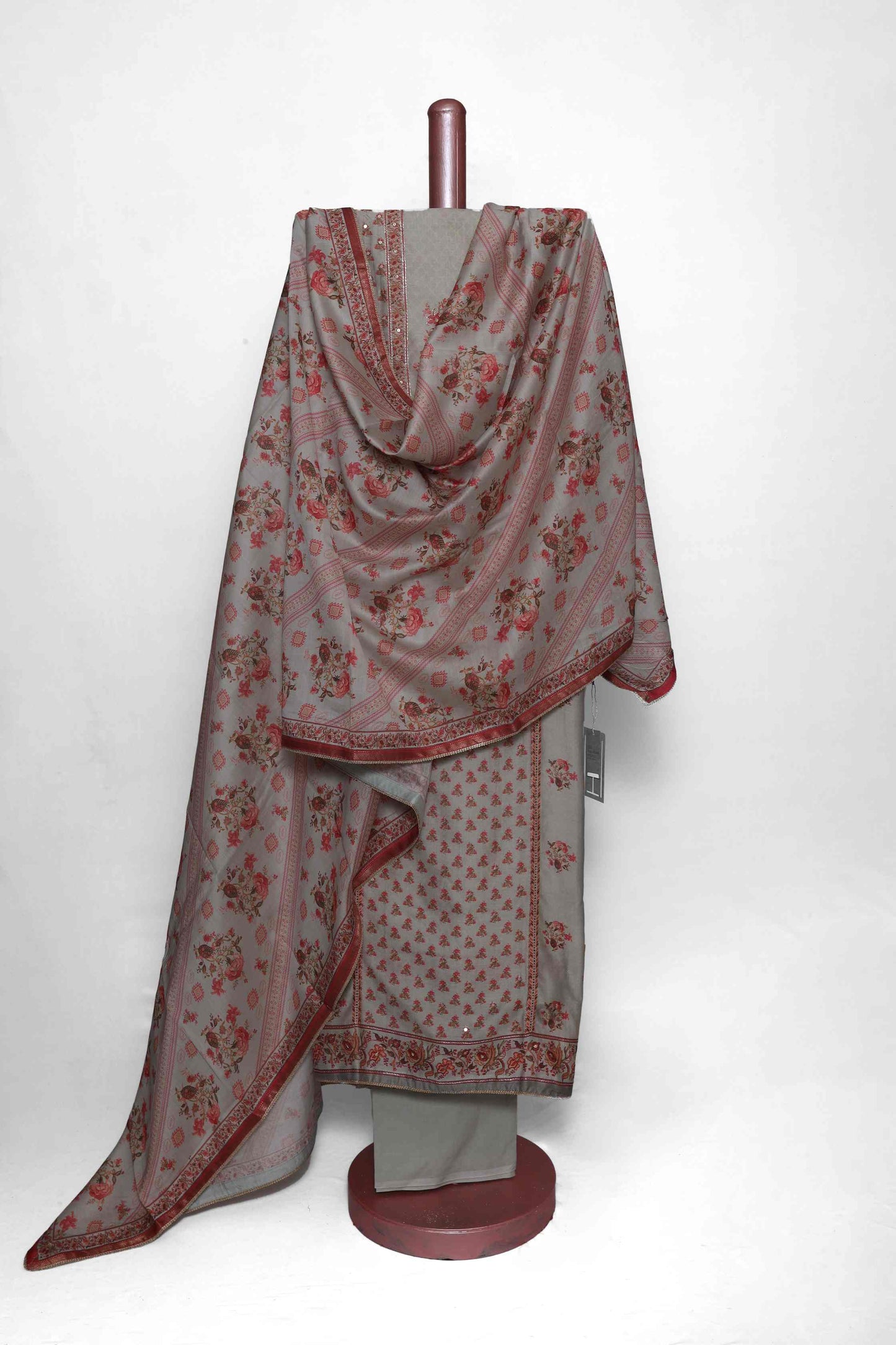 SLATE GREY COTTON SILK  PRINTED UNSTITCHED SUIT SET