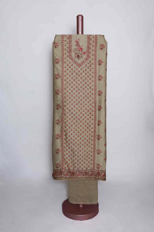 BEIGE COTTON SILK  PRINTED UNSTITCHED SUIT SET