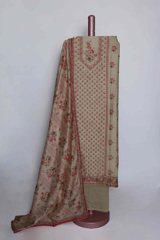 BEIGE COTTON SILK  PRINTED UNSTITCHED SUIT SET